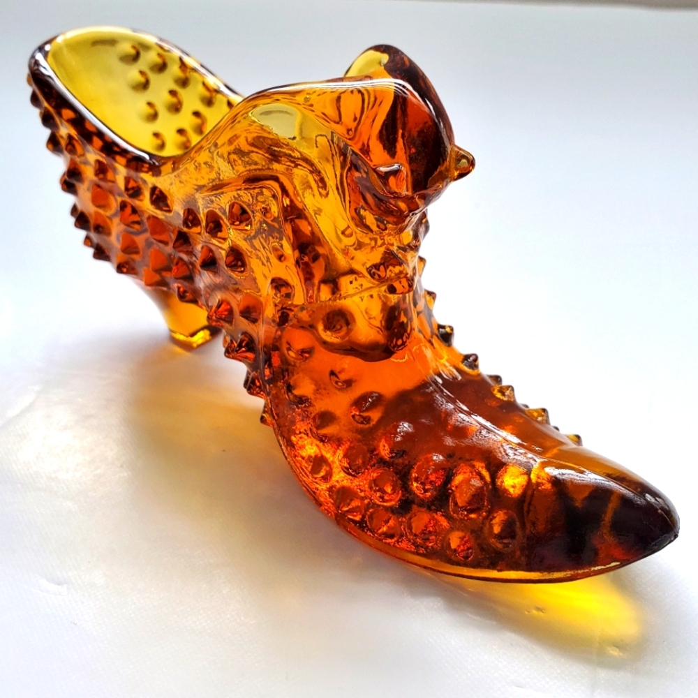 Vtg Fenton Amber Cat Head Victorian Shoe Boot Hobnail Design Art Glass Amberina